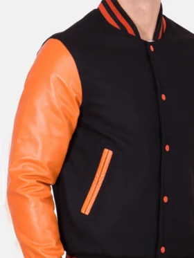 Men’s Causal Orange And Black Letterman Jacket Collar