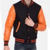 Mens Causal Orange And Black Letterman Jacket Front
