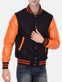 Mens Causal Orange And Black Letterman Jacket Front