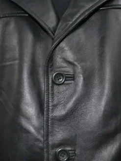 Mens Causal Vintage Black Leather Long Coat Buttoned