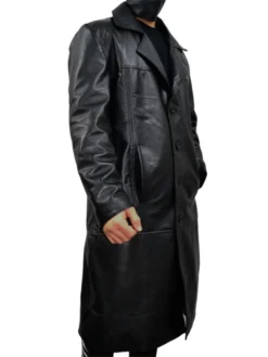 Mens Causal Vintage Black Leather Long Coat Left Side