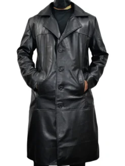 Mens Causal Vintage Black Leather Long Coat Main