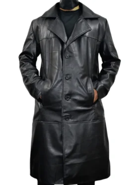 Men’s Causal Vintage Black Leather Long Coat Main