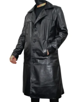 Mens Causal Vintage Black Leather Long Coat Right Side