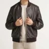 Men’s Classic Leather Brown Bomber Jacket Closure