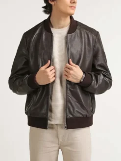 Mens Classic Leather Brown Bomber Jacket Closure