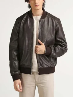 Mens Classic Leather Brown Bomber Jacket Main