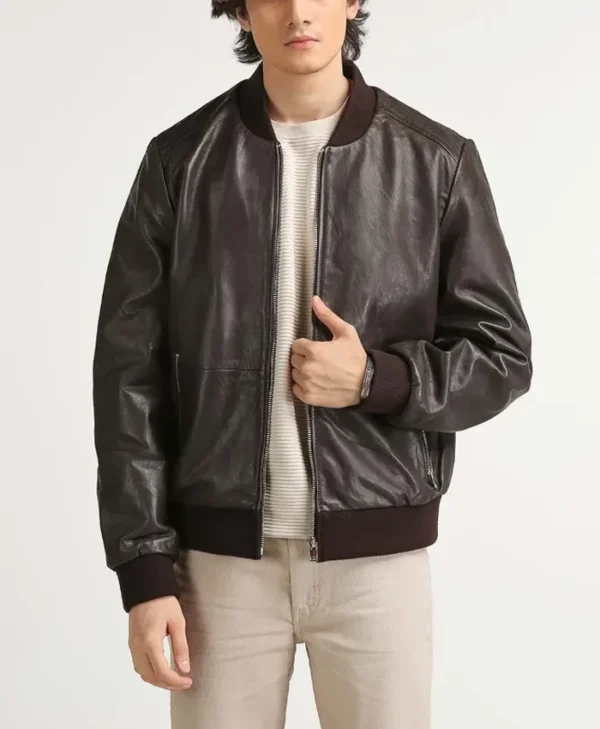 Men’s Classic Leather Brown Bomber Jacket Main