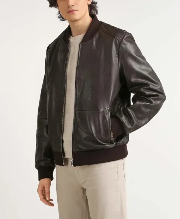 Men’s Classic Leather Brown Bomber Jacket Right