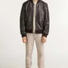 Men's Classic Leather Brown Bomber Jacket Stand