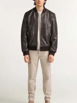 Mens Classic Leather Brown Bomber Jacket Stand