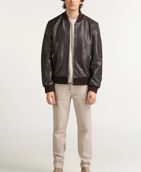 Men's Classic Leather Brown Bomber Jacket Stand