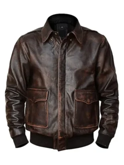 Mens Dark Brown A2 Leather Bomber Jacket Close