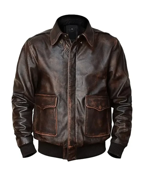 Mens Dark Brown A2 Leather Bomber Jacket Close
