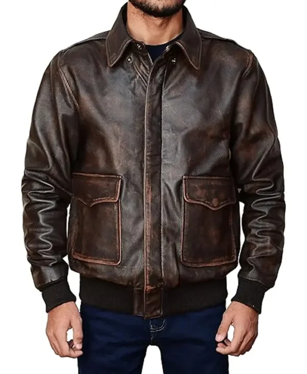 Mens Dark Brown A2 Leather Bomber Jacket Front