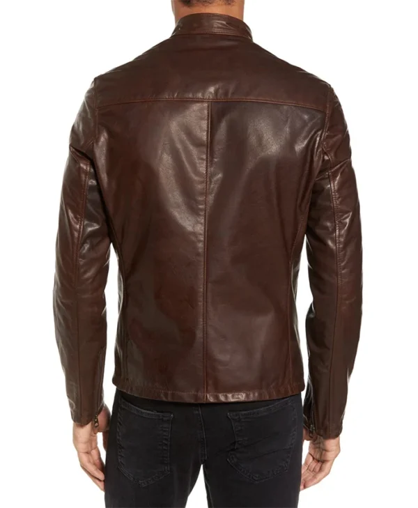 Mens Dark Brown Plain Cafe Motorcycle Jacket Back