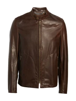 Mens Dark Brown Plain Cafe Motorcycle Jacket Front
