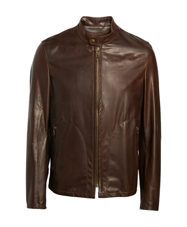 Mens Dark Brown Plain Cafe Motorcycle Jacket Front