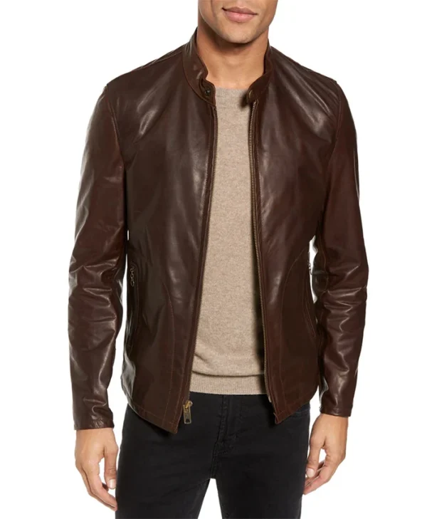 Mens Dark Brown Plain Cafe Motorcycle Jacket Main