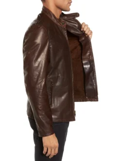 Mens Dark Brown Plain Cafe Motorcycle Jacket Right