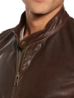Mens Dark Brown Plain Cafe Motorcycle Jacket Snap