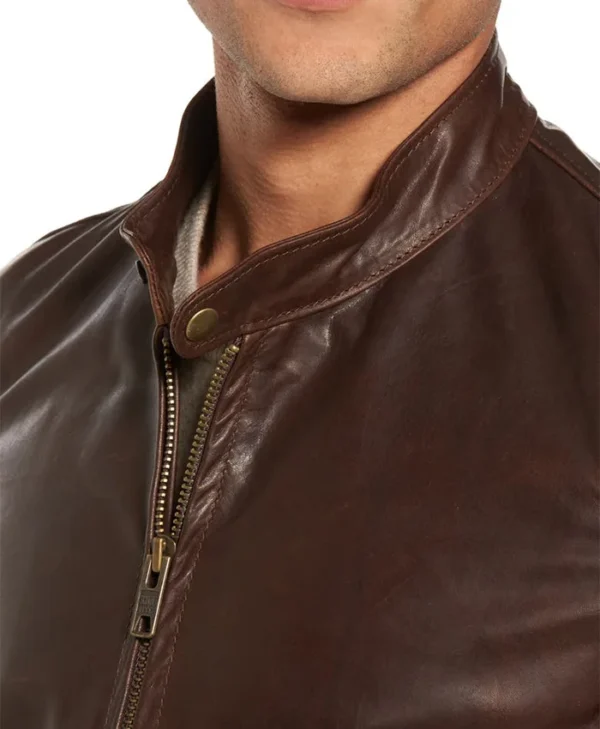 Mens Dark Brown Plain Cafe Motorcycle Jacket Snap