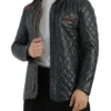 Mens Diamond Quilted Black Leather Jacket Buttoned