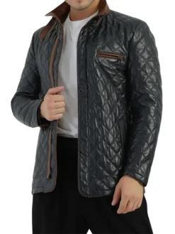 Mens Diamond Quilted Black Leather Jacket Buttoned