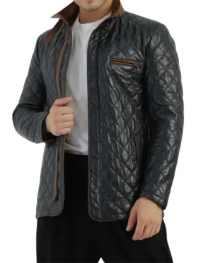 Mens Diamond Quilted Black Leather Jacket Buttoned
