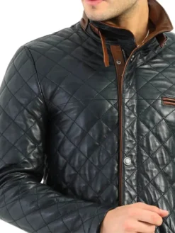 Mens Diamond Quilted Black Leather Jacket Collar