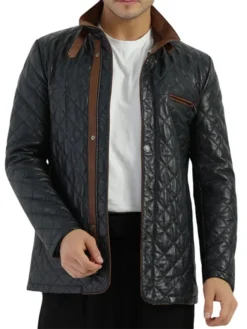 Mens Diamond Quilted Black Leather Jacket Front