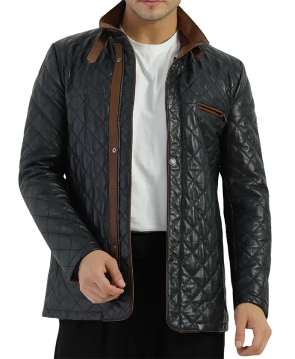 Mens Diamond Quilted Black Leather Jacket Front