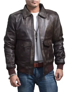 Mens-Distressed-A2-Brown-Leather-Bombardier-Jacket-Front