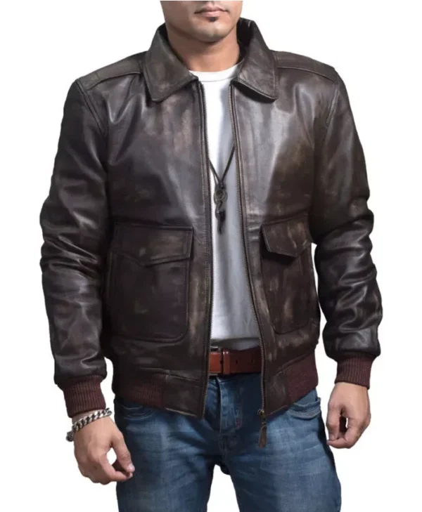 Mens Distressed A2 Brown Leather Bombardier Jacket Front