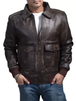 Mens Distressed A2 Brown Leather Bombardier Jacket Pockets