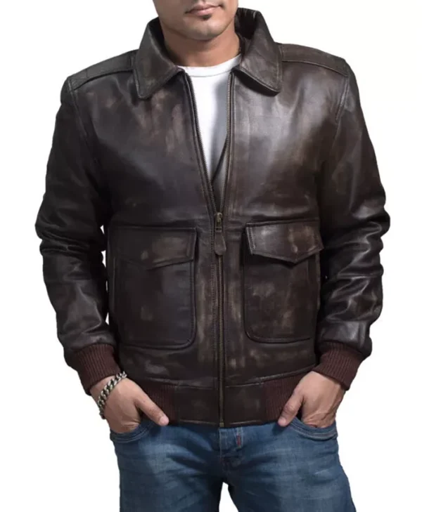 Mens Distressed A2 Brown Leather Bombardier Jacket Pockets