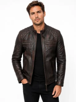 Get Men’s Distressed Brown Leather Motorcycle Jacket