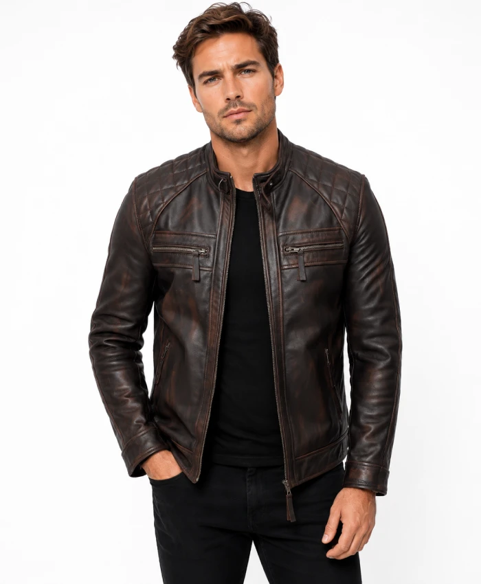 Get Men’s Distressed Brown Leather Motorcycle Jacket