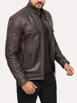 Mens Distressed Brown Leather Motorcycle Jacket Left
