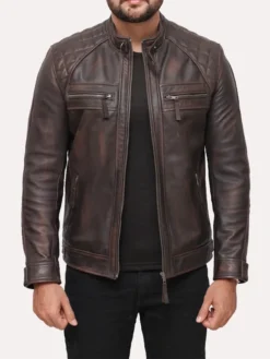 Mens Distressed Brown Leather Motorcycle Jacket Main
