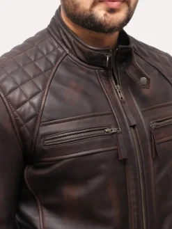 Mens Distressed Brown Leather Motorcycle Jacket Shoulders