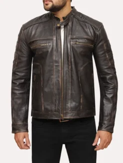 Mens Distressed Vintage Brown Leather Jacket Front