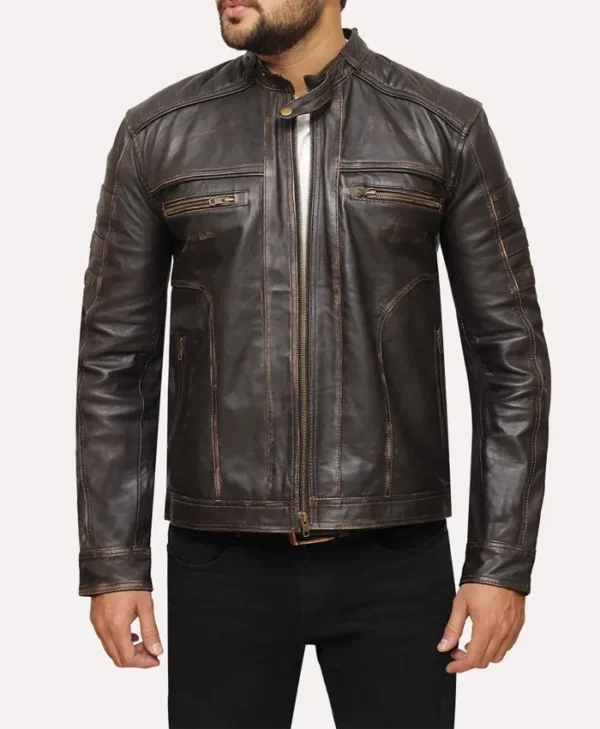 Mens Distressed Vintage Brown Leather Jacket Front