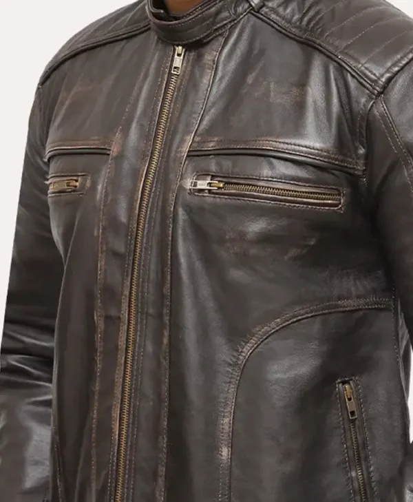 Mens Distressed Vintage Brown Leather Jacket Pockets