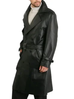 Mens Double Breasted Long Black Leather Trench Coat Buttoned