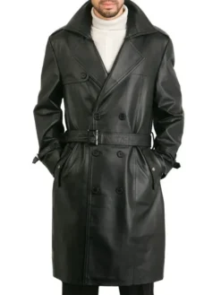 Mens Double Breasted Long Black Leather Trench Coat Main