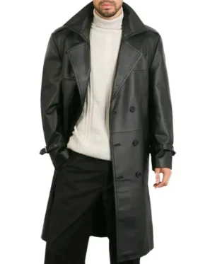 Mens Double Breasted Long Black Leather Trench Coat Open
