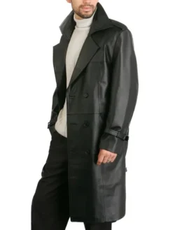 Mens Double Breasted Long Black Leather Trench Coat Right