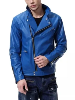 Mens Electric Blue Leather Biker Jacket