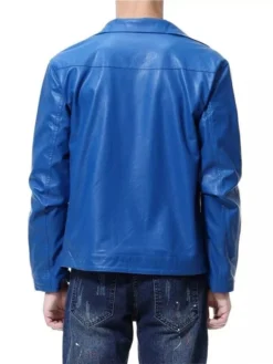 Mens Electric Blue Leather Biker Jacket Back